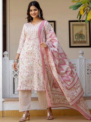 Rose Petal Floral Cotton Kurta Set with Dupatta