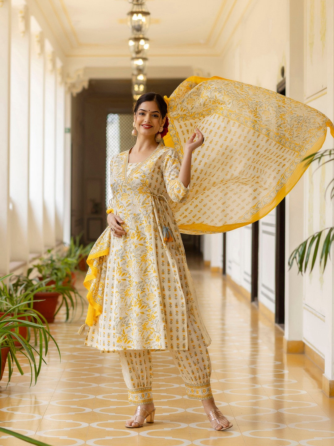 Saffron Ivory Hand-Block Angrakha Set