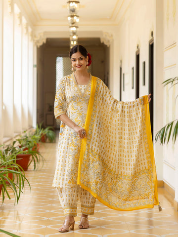 Saffron Ivory Hand-Block Angrakha Set