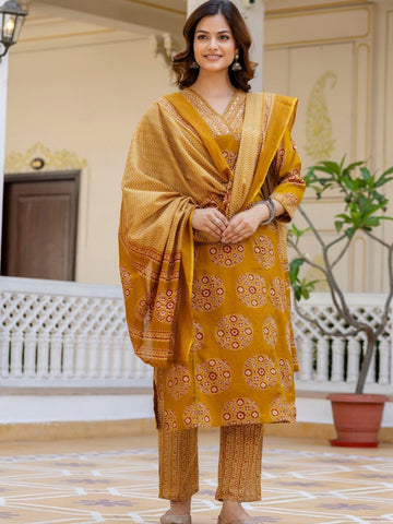 Mustard Printed Kurta Set with Dupatta – Elegant Ethnic Charm