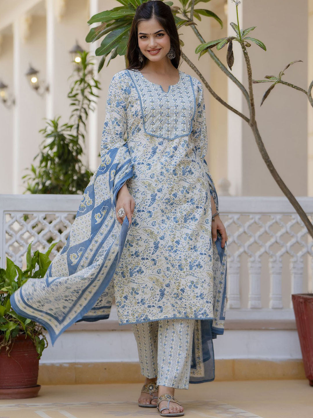 Blue Meadow Floral Cotton Kurta Set with Dupatta