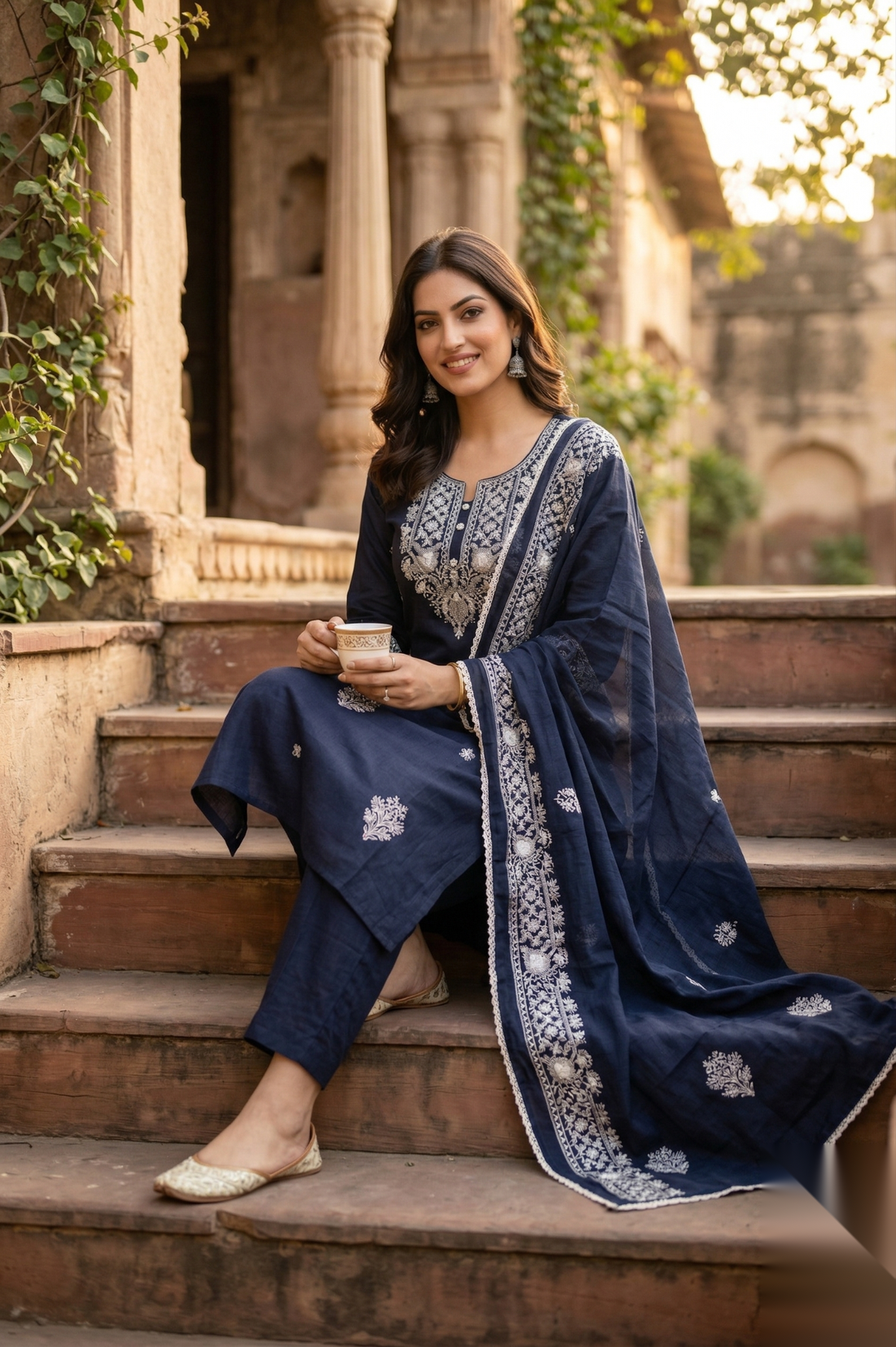 Midnight Elegance Embroidered Kurta Set with Dupatta