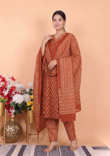 Rust Royale Printed Kurta Set with Statement Dupatta