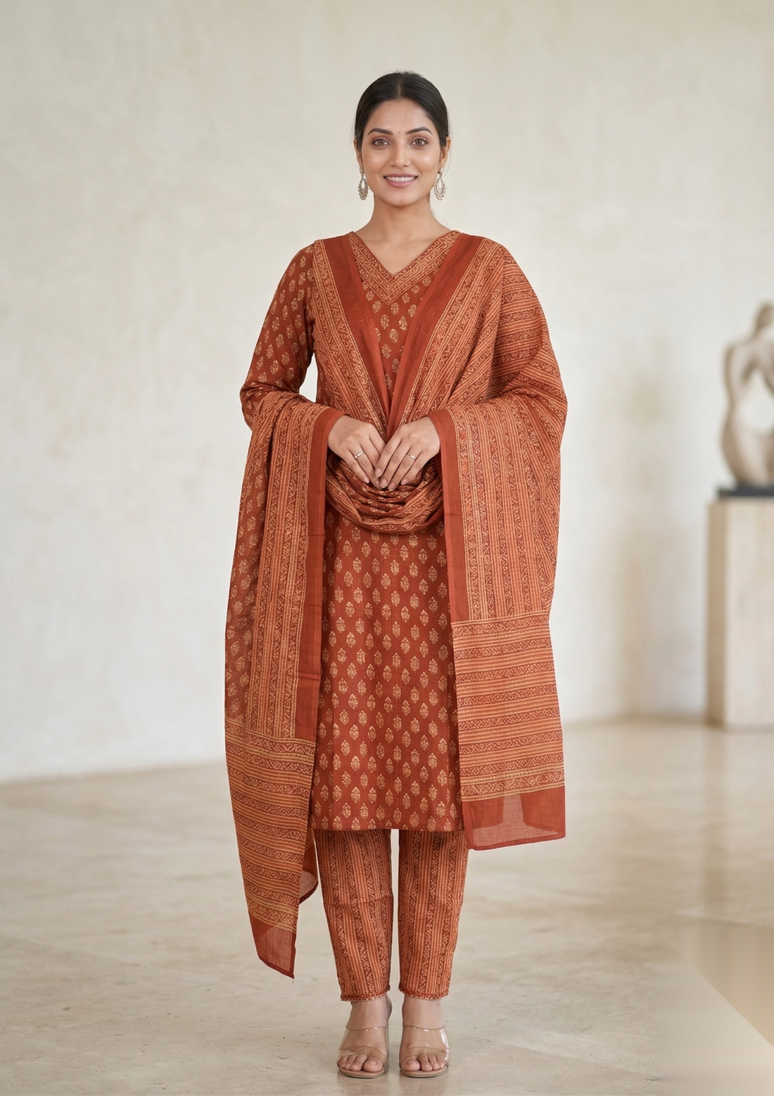 Rust Royale Printed Kurta Set with Statement Dupatta
