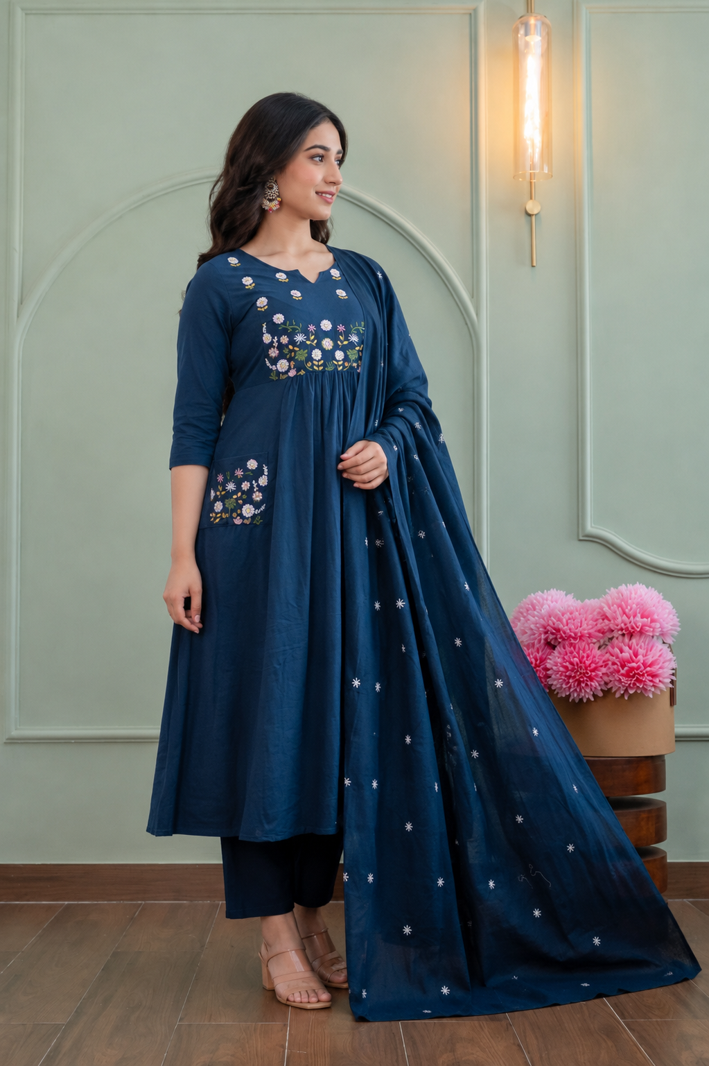 Navy Blue Embroidered Anarkali Kurta Set with Dupatta