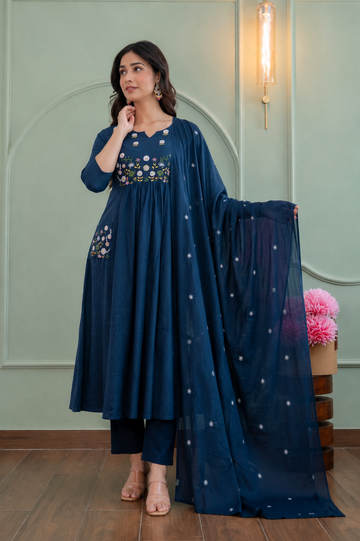 Navy Blue Embroidered Anarkali Kurta Set with Dupatta