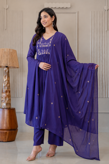 Royal Purple Embroidered Anarkali Kurta Set with Dupatta