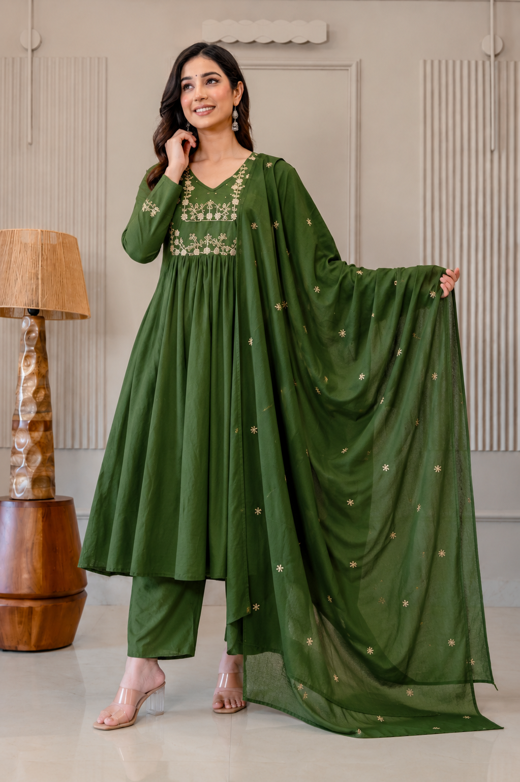 Elegant Forest Green Embroidered Anarkali Kurta Set with Dupatta