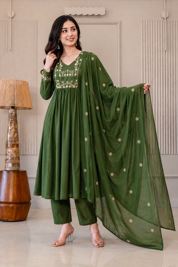 Elegant Forest Green Embroidered Anarkali Kurta Set with Dupatta