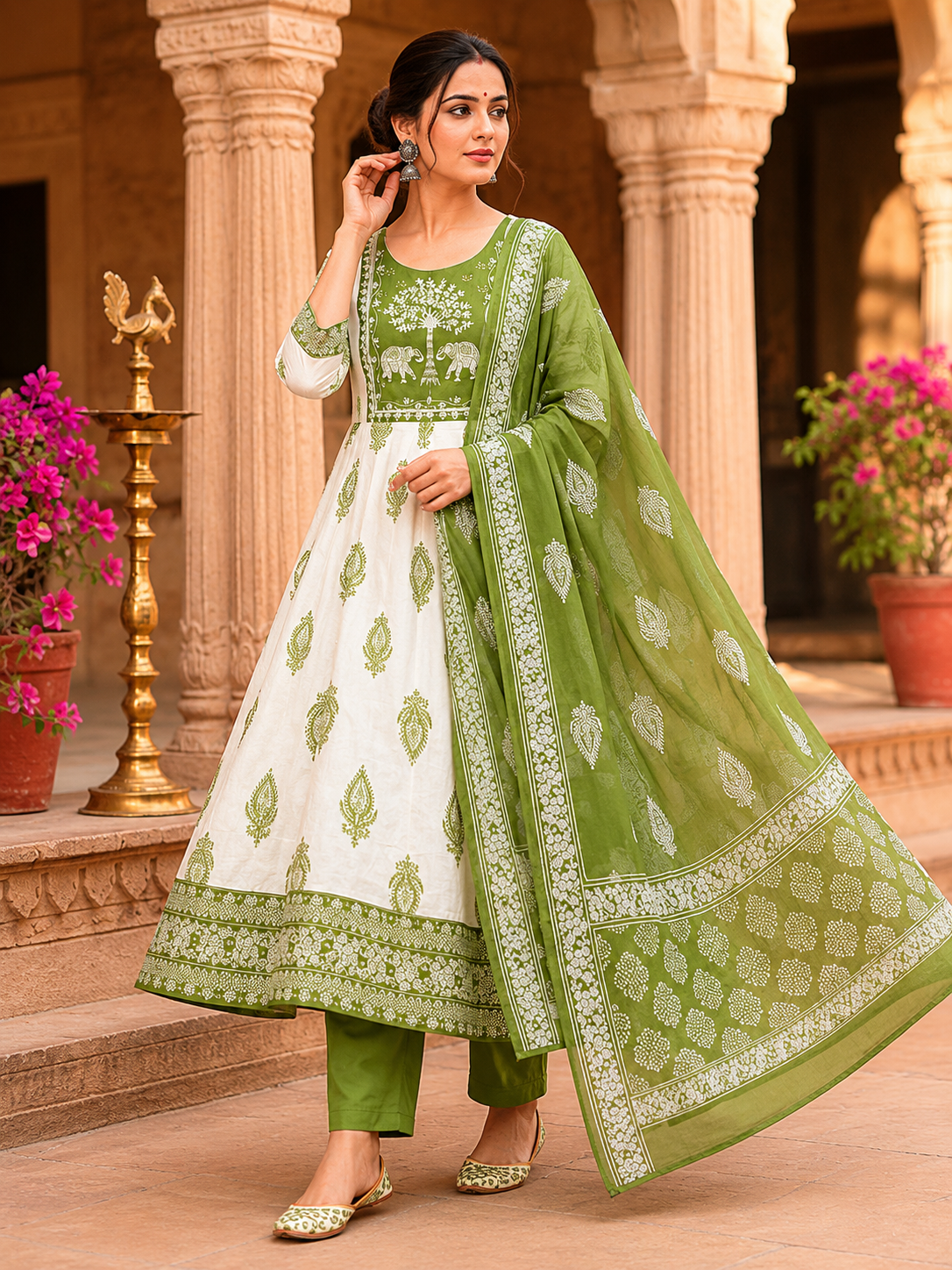 Elegant Green & White Anarkali Suit Set with Printed Dupatta