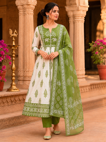 Elegant Green & White Anarkali Suit Set with Printed Dupatta