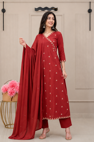 Maroon Embroidered 3-Piece Suit Set