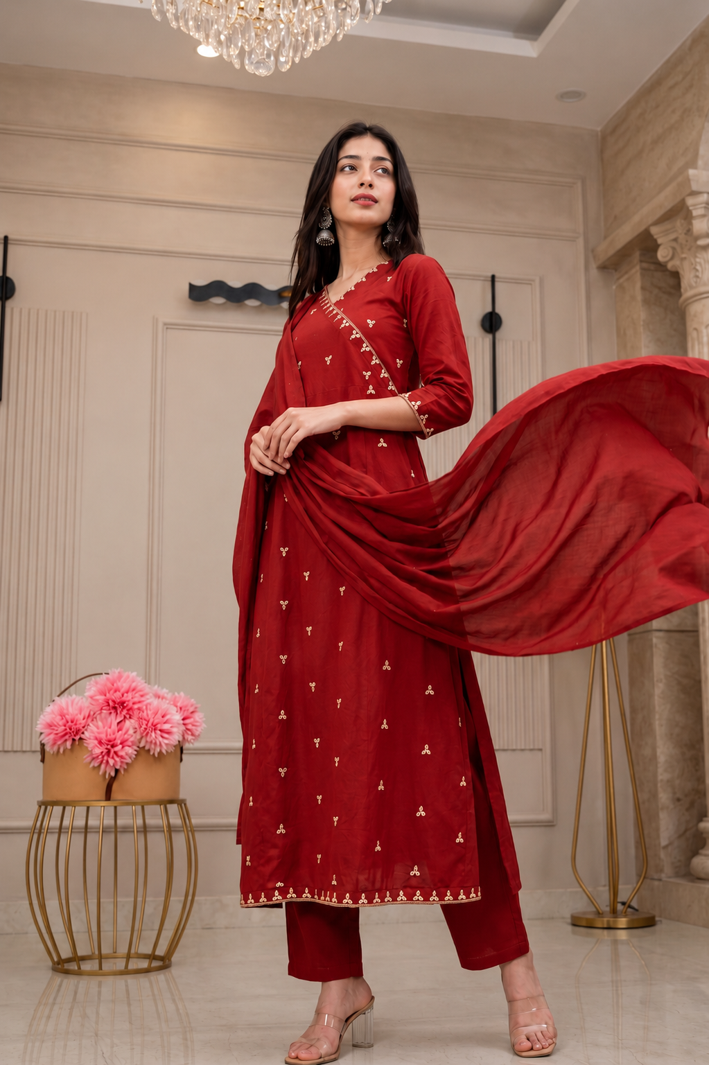 Maroon Embroidered 3-Piece Suit Set