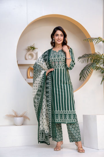 Women's Printed 3-Piece Unstitched Suit – Emerald Green & Ivory
