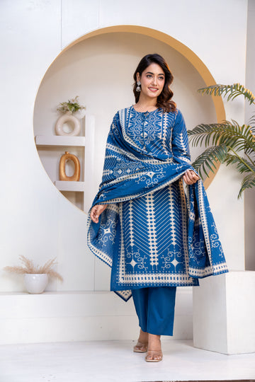Women's Printed 3-Piece Unstitched Suit – Royal Blue & White