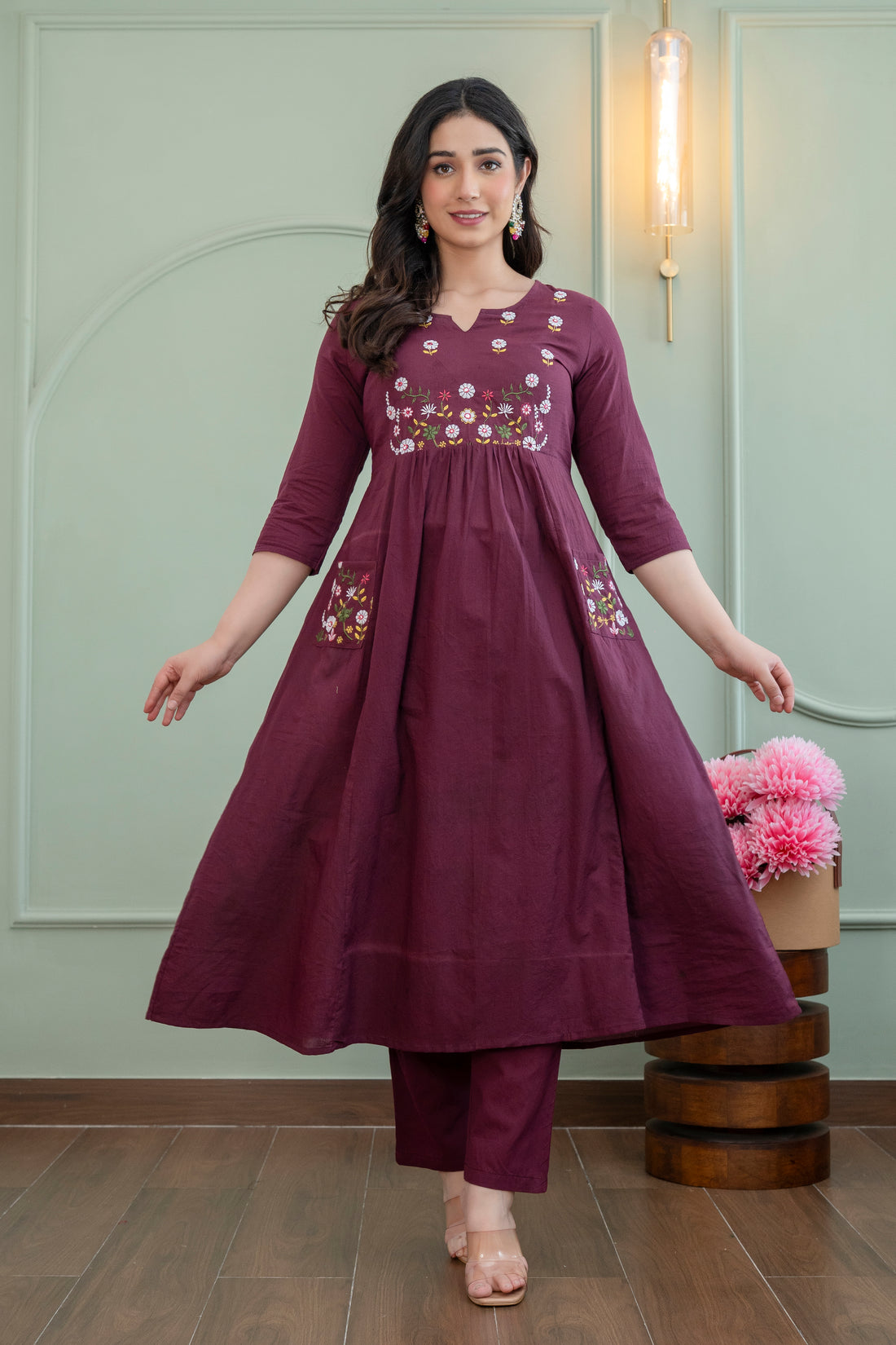 Elegant Wine Embroidered Kurta Set with Dupatta for Women