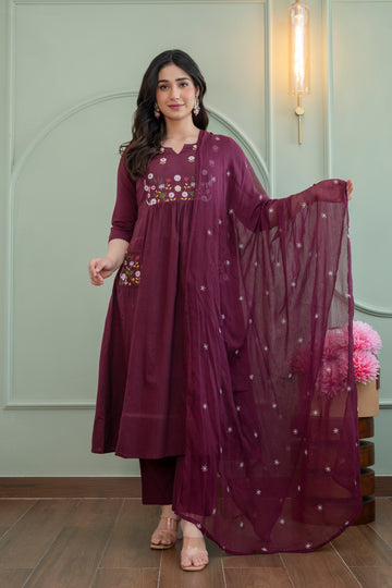 Elegant Wine Embroidered Kurta Set with Dupatta for Women