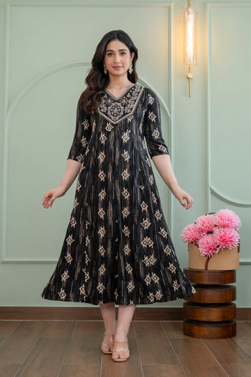 Black Ethnic Printed Flared Kurti Dress for Women
