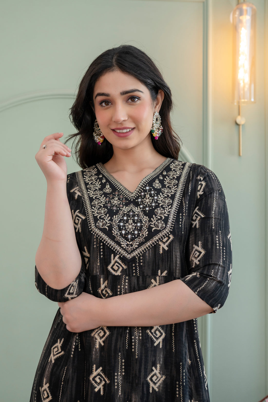 Black Ethnic Printed Flared Kurti Dress for Women