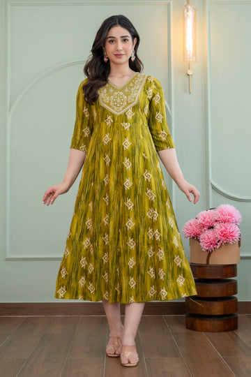 Mustard Green Printed Flared Kurti Dress for Women