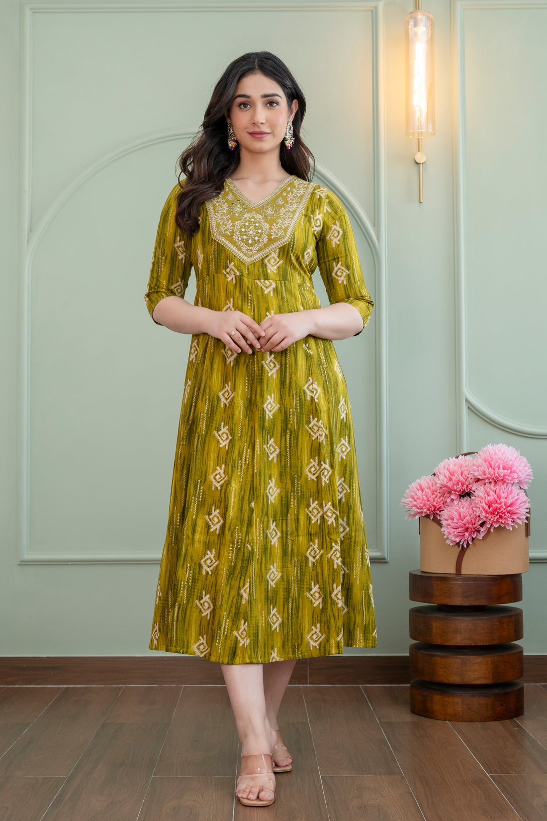 Mustard Green Printed Flared Kurti Dress for Women