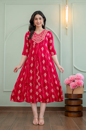 Rani Pink Ethnic Printed Flared Kurti Dress for Women