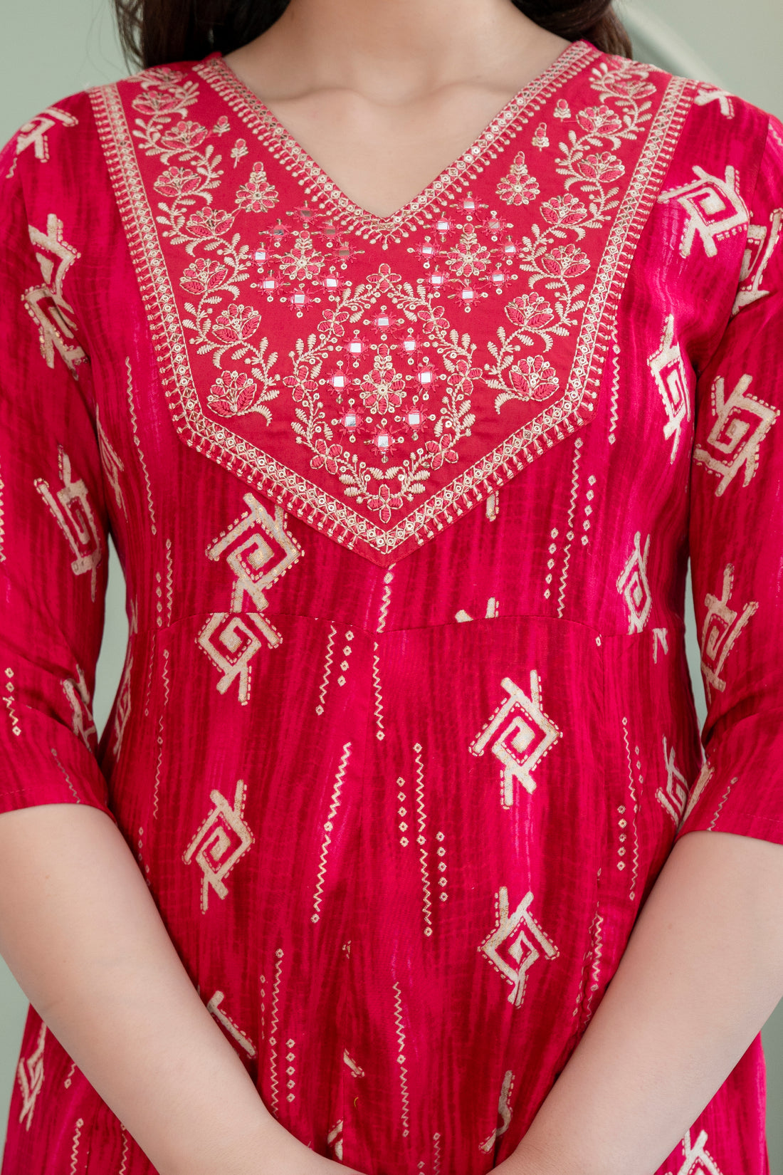Rani Pink Ethnic Printed Flared Kurti Dress for Women