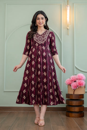 Elegant Maroon Printed A-Line Kurti Dress