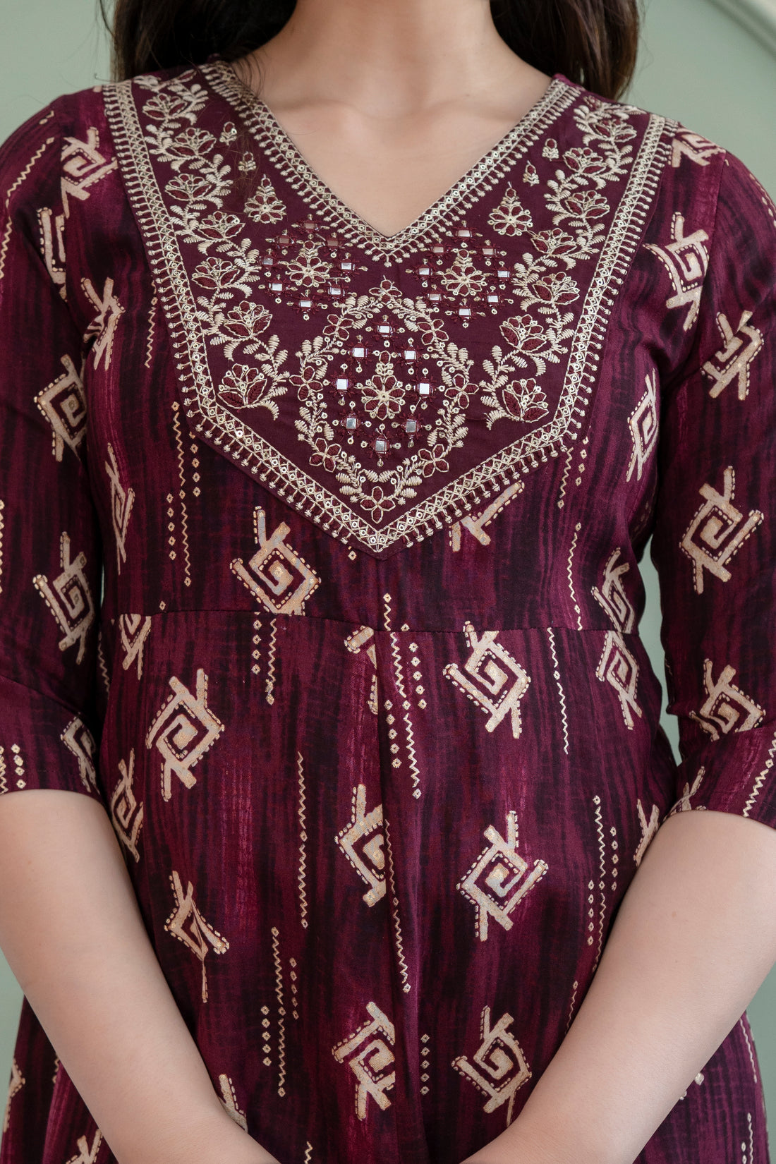 Elegant Maroon Printed A-Line Kurti Dress