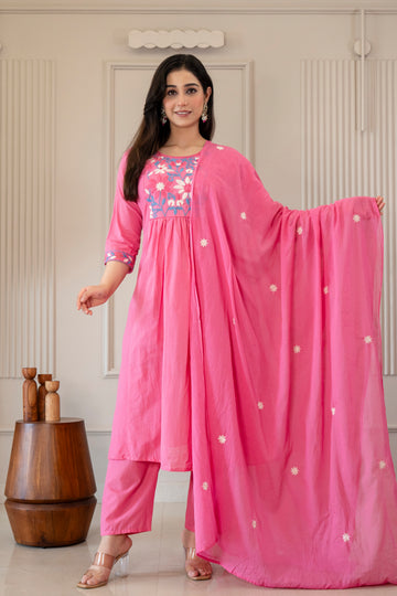 Candy Pink Blossom Gathered Kurta Set (3-Piece)