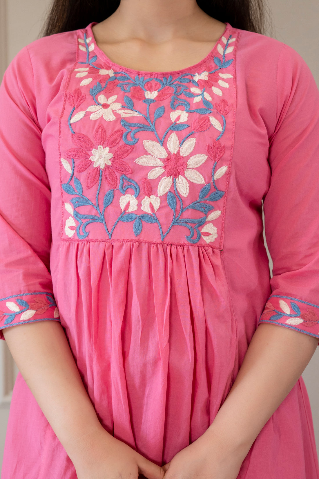 Candy Pink Blossom Gathered Kurta Set (3-Piece)