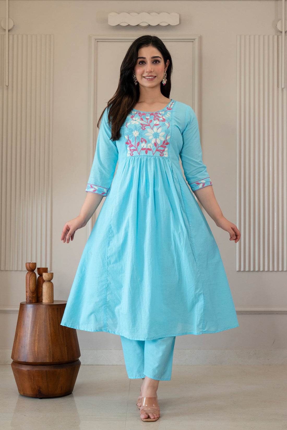 Sky Blue Blossom Gathered Kurta Set (3-Piece)
