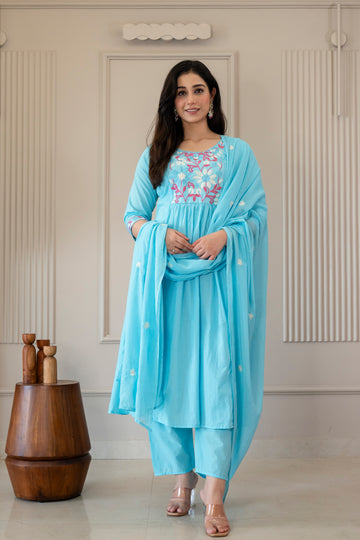 Sky Blue Blossom Gathered Kurta Set (3-Piece)