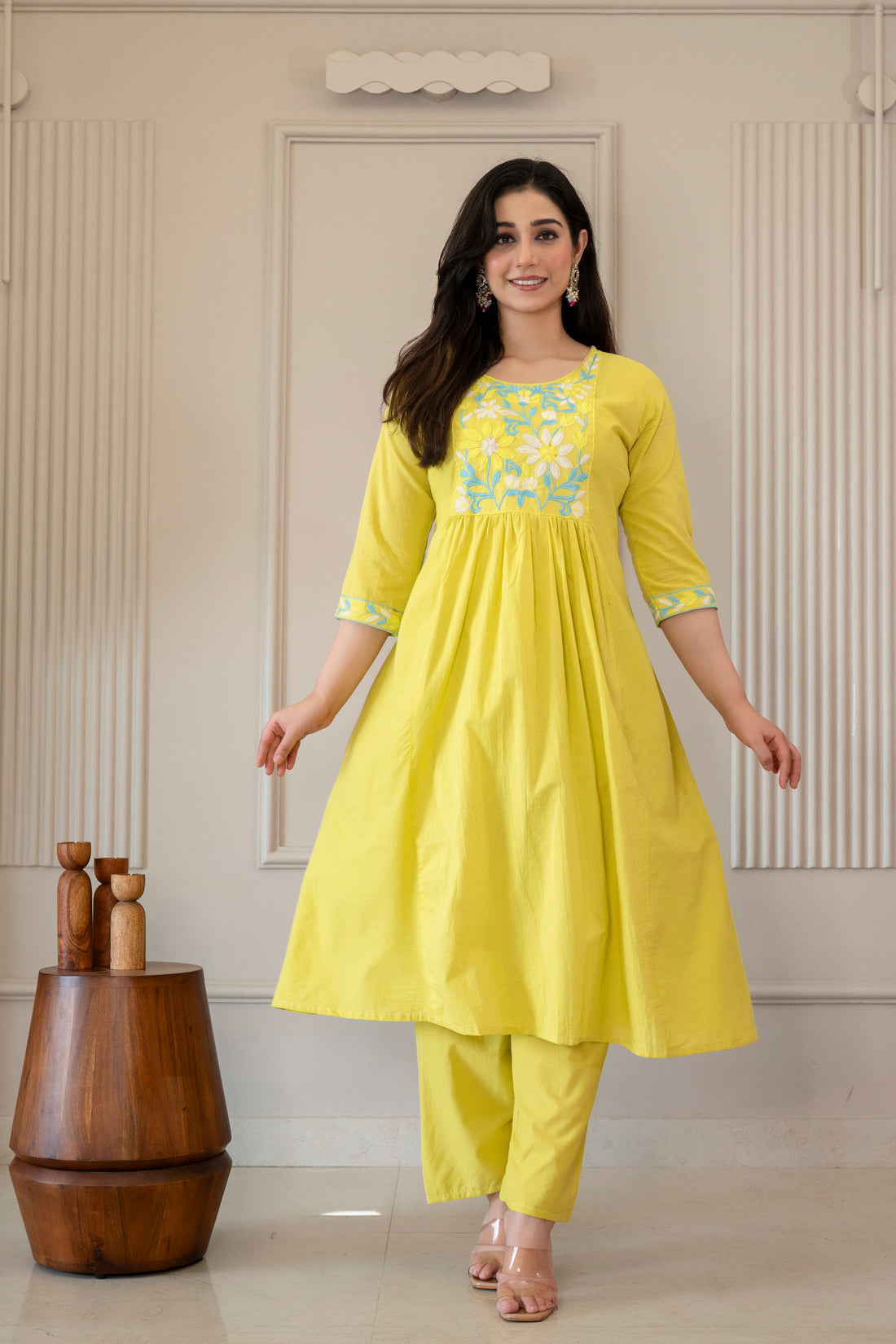 Lime Green Meadows Gathered Kurta Set (3-Piece)