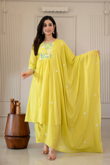 Lime Green Meadows Gathered Kurta Set (3-Piece)