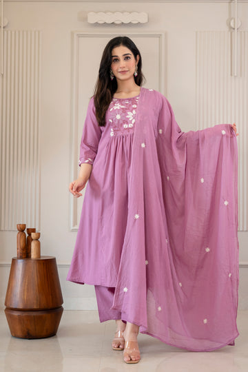 Lavender Bloom Gathered Kurta Set (3-Piece)