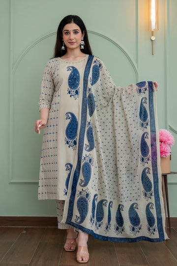 Beige & Blue Paisley Printed Kurta Set with Dupatta – Effortless Everyday Elegance