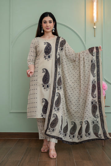 Beige & Black Paisley Printed Kurta Set with Dupatta – Timeless Sophistication