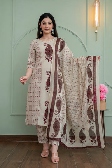 Beige & Maroon Paisley Printed Kurta Set with Dupatta – Classic Grace for Every Occasion