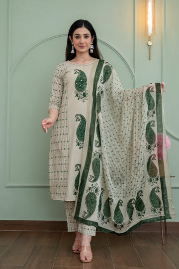 Beige & Green Paisley Printed Kurta Set with Dupatta – Subtle Elegance Redefined