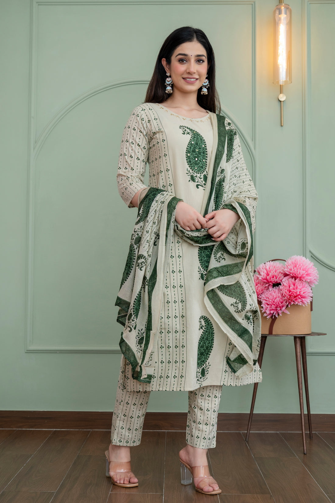 Beige & Green Paisley Printed Kurta Set with Dupatta – Subtle Elegance Redefined