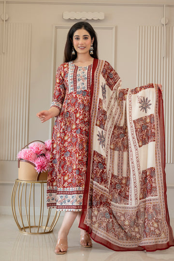 Ruby Red Floral Printed Kurta Set with Dupatta