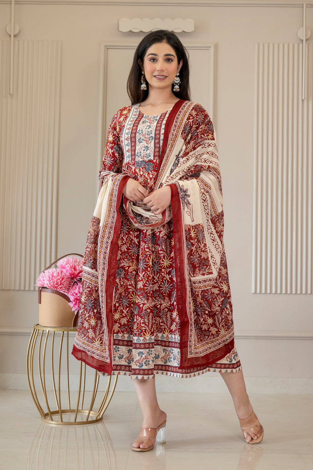 Ruby Red Floral Printed Kurta Set with Dupatta