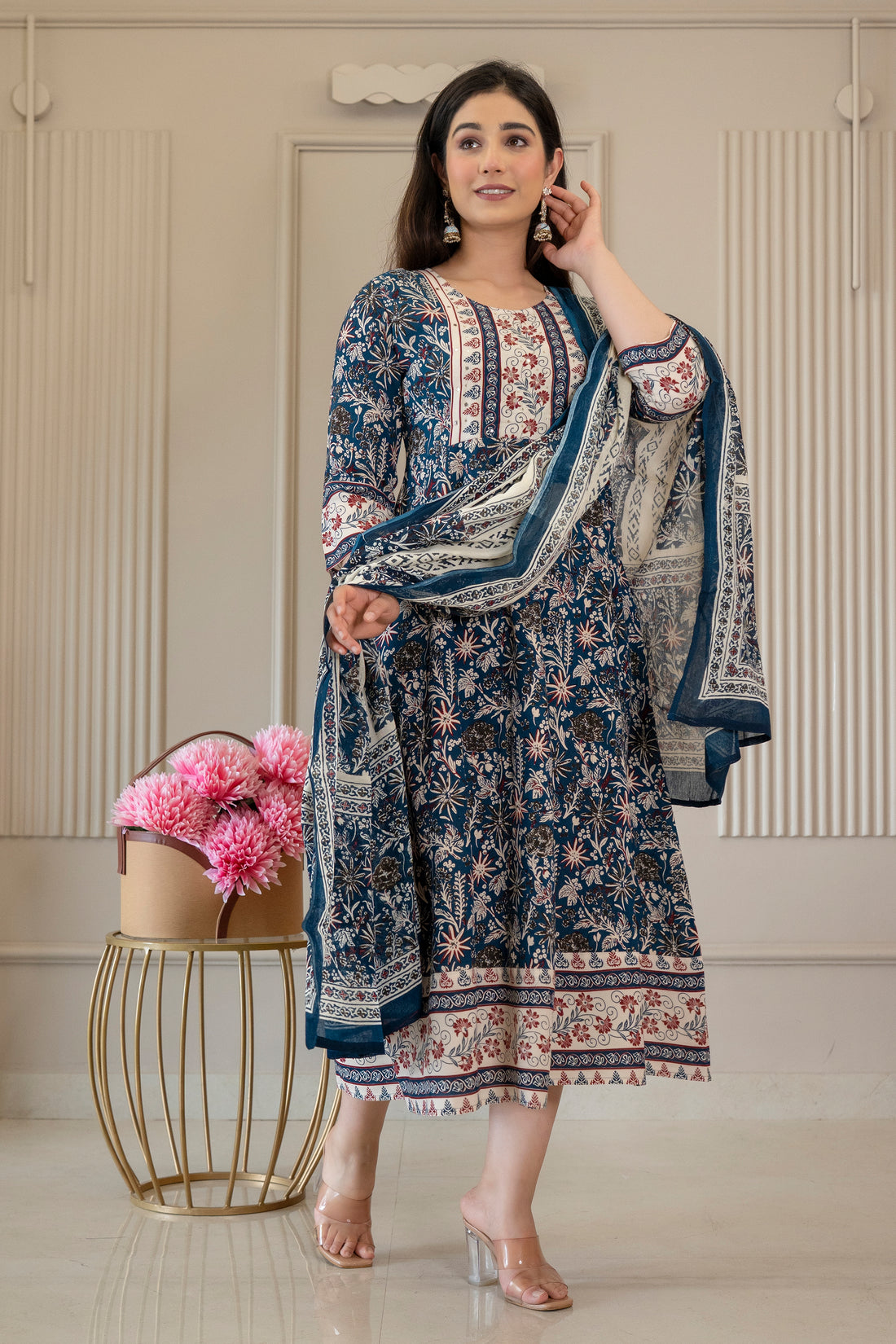 Indigo Floral Printed Kurta Set with Dupatta
