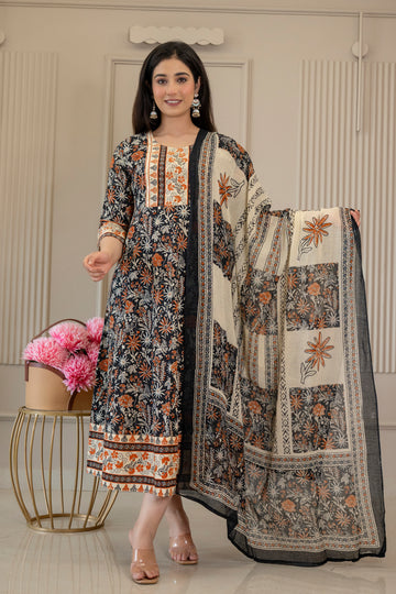 Midnight Bloom Floral Printed Kurta Set with Dupatta