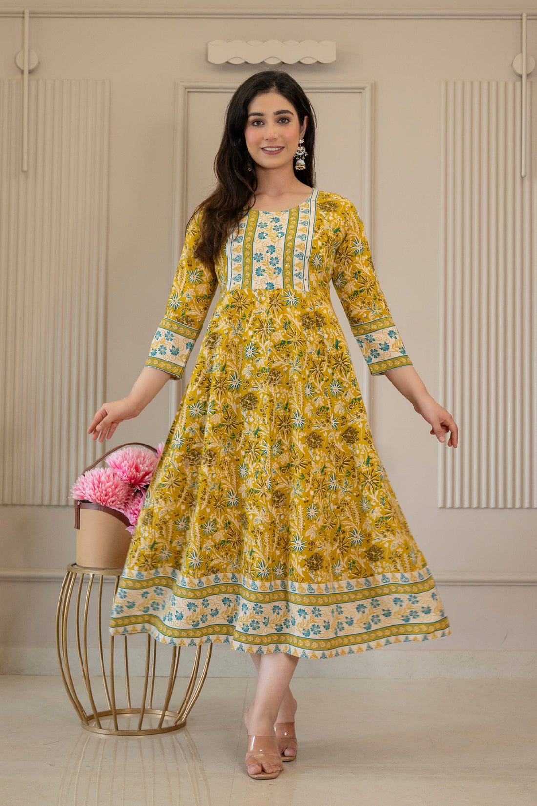 Mustard Floral Printed Kurta Set with Dupatta