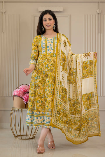Mustard Floral Printed Kurta Set with Dupatta