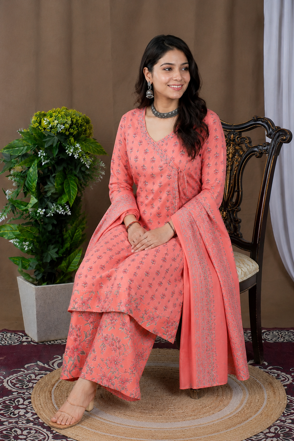 Peach Printed Kurta Set with Flared Sleeves & Straight Pants