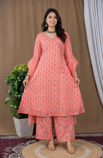 Peach Printed Kurta Set with Flared Sleeves & Straight Pants