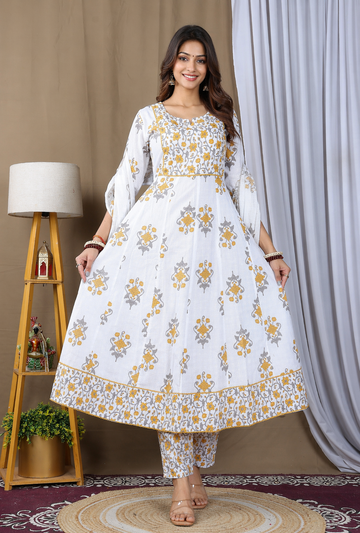 Ivory Gold Artisanal Hand-Block Anarkali Set